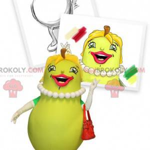 Mascot groene peer glimlachend en vrouwelijk. Fruit kostuum -